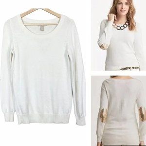 Banana Republic Sequin Elbow Patch Knit Sweater in White/Gold - Size Small